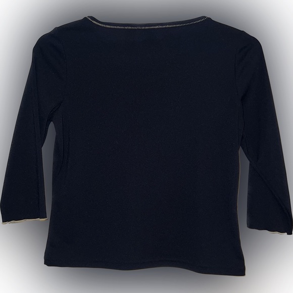 💥Emma James Petite By Liz Claiborne Black Blouse Tan Trim 3/4 Sleeve PM - Picture 4 of 8